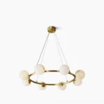 Helix brass chandelier with white alabaster shades, overhead front view showcasing circular modern design on white background