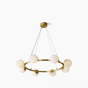 Helix brass chandelier with white alabaster shades, overhead front view showcasing circular modern design on white background