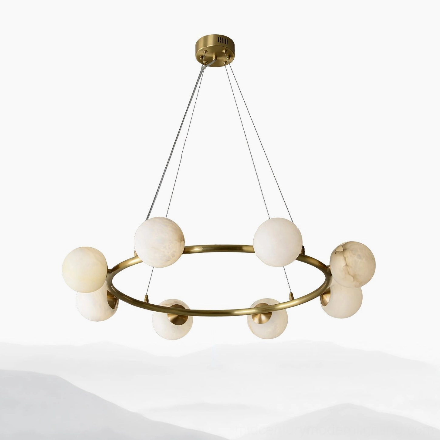 Helix chandelier artistic composition highlighting geometric brass rings and translucent alabaster for modern interior design