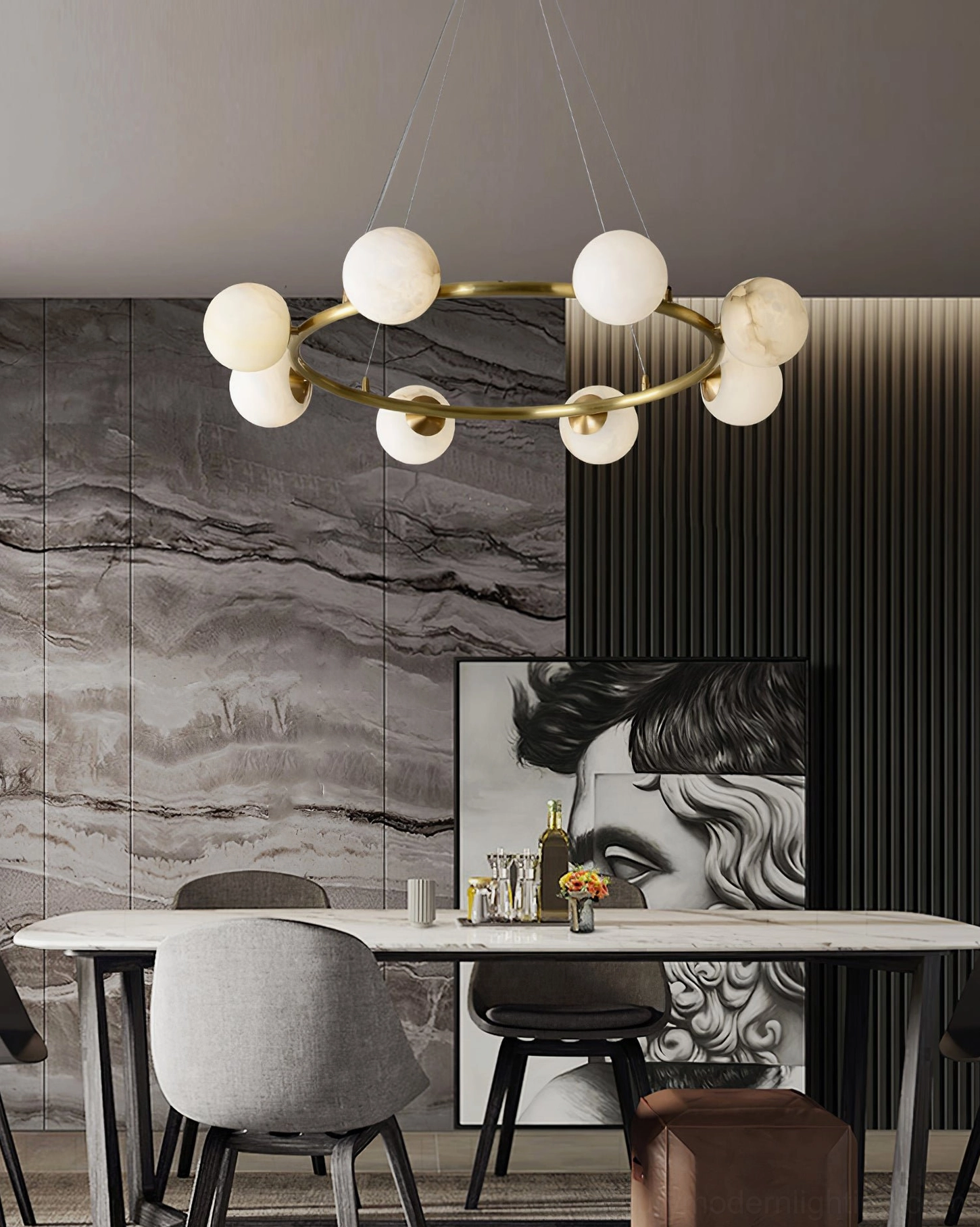 Helix ring chandelier installed in modern luxury dining room, sophisticated minimalist interior with warm brass lighting