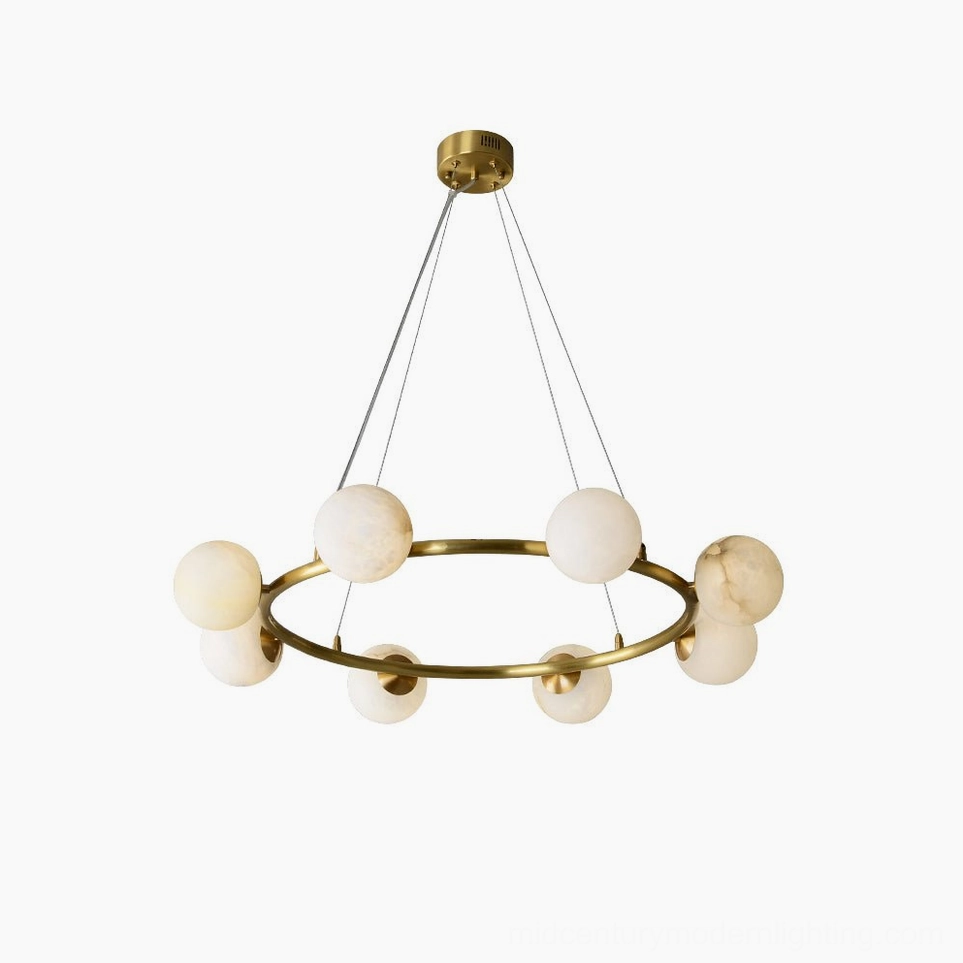 Helix brass and alabaster chandelier hero shot, mid-century modern sculptural lighting for contemporary luxury homes