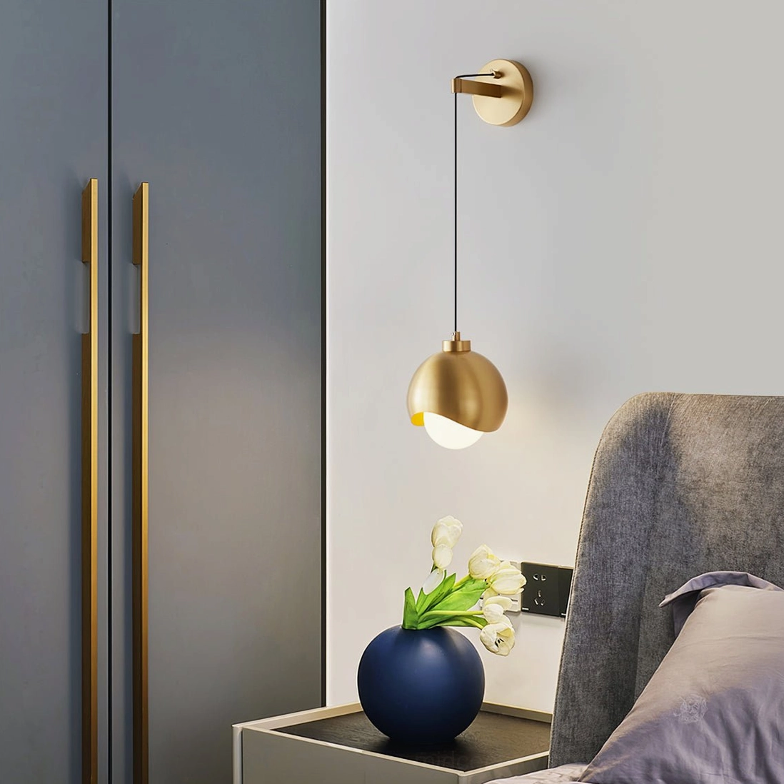 Helmet pendant wall lamp brass gold warm minimalist finish bedroom bedside vase