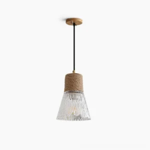 Overhead studio view of fluted glass hemp rope pendant lamp on white background, showing natural rope texture and frosted glass diffuser detail
