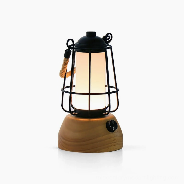 Hemp rope lantern portable LED table lamp retro rustic design with rope wrap and metal cage on white background