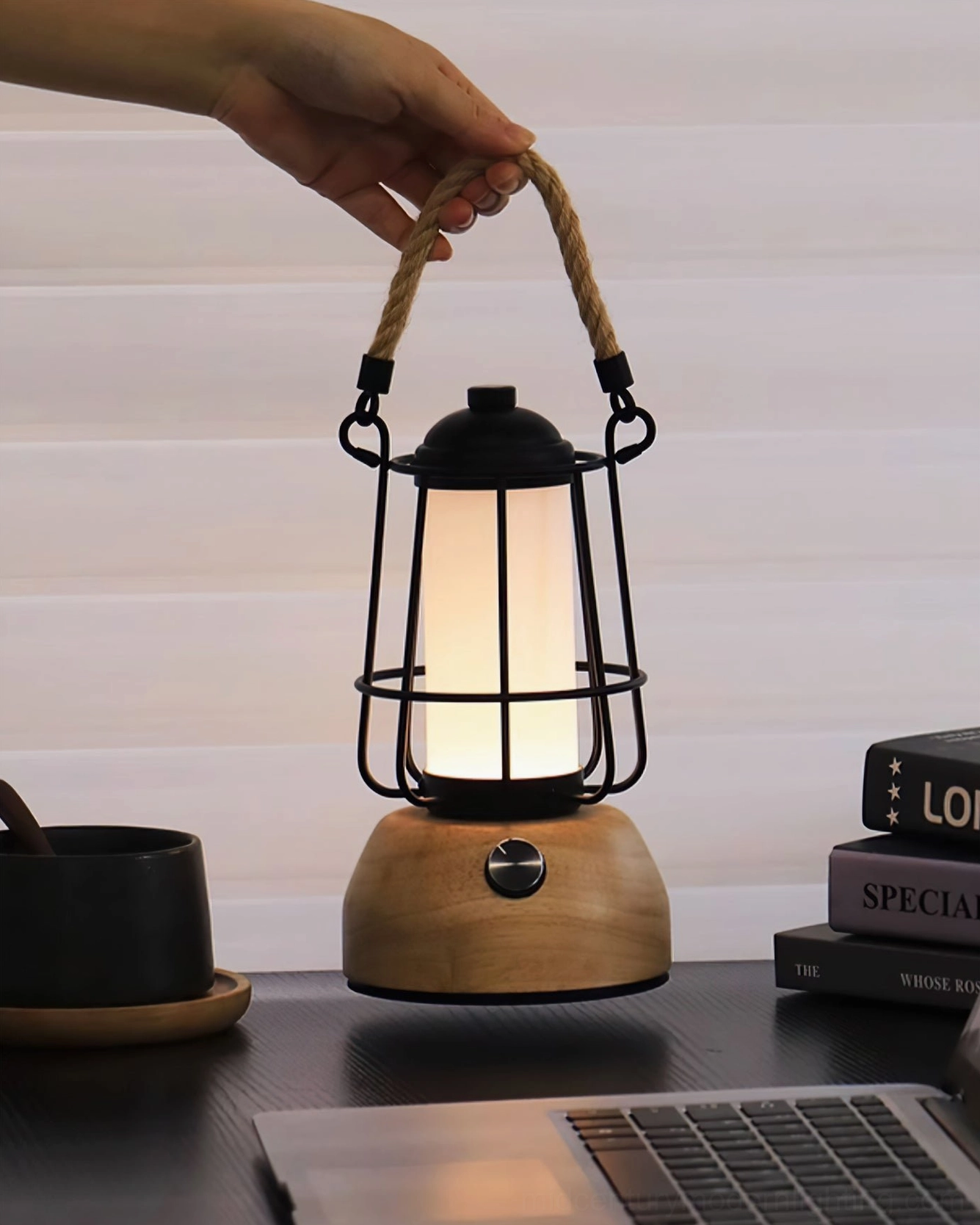 Hemp rope lantern LED table lamp on work from home desk with laptop, coffee, and books for modern office lighting