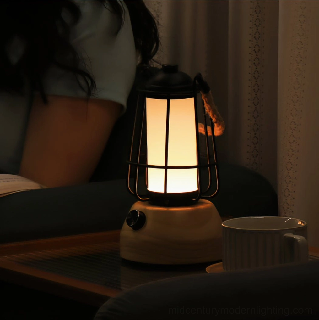 Hemp rope lantern creating warm cozy ambient lighting on living room side table with sofa evening scene