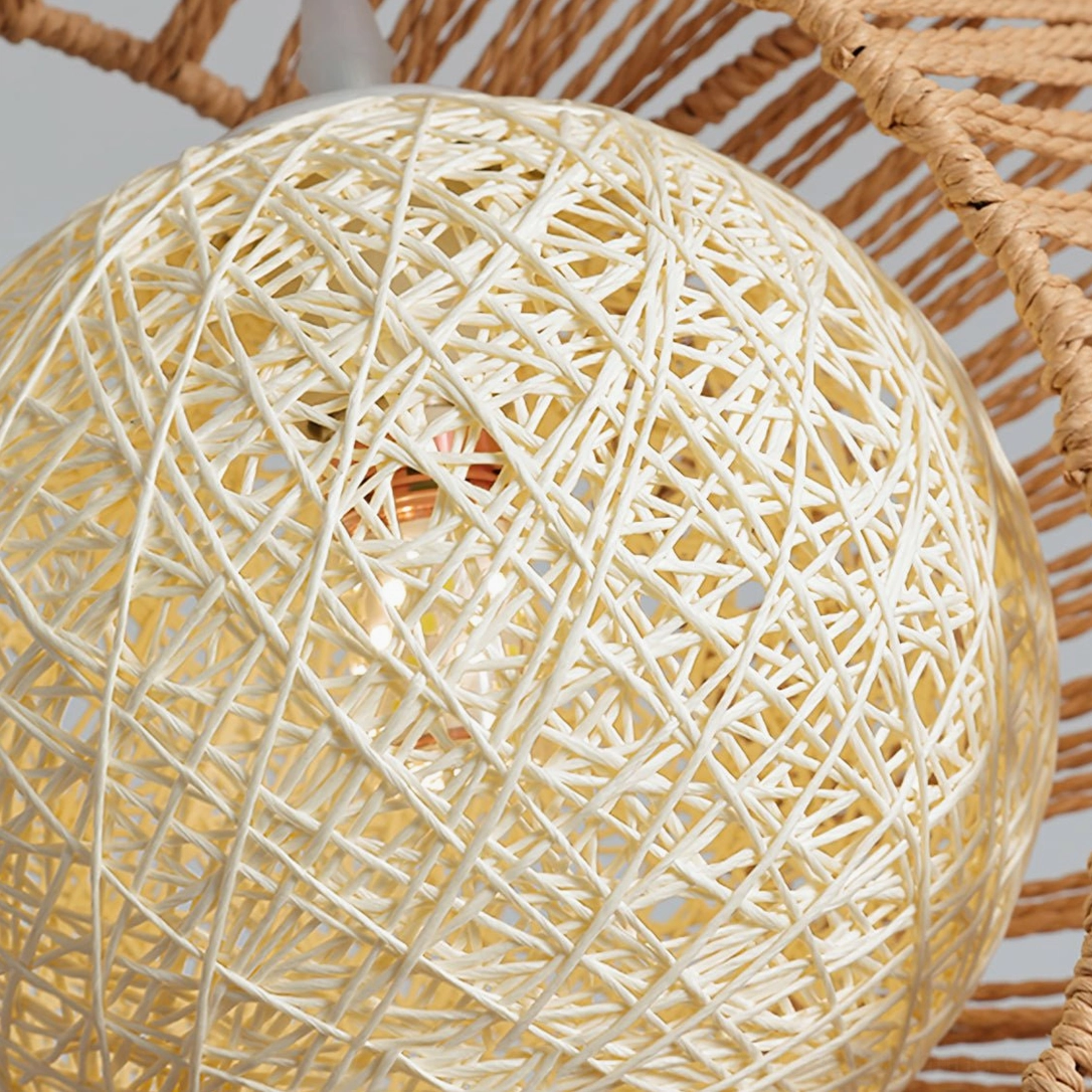 Close-up detail of hand-woven hemp rope lampshade texture with warm natural fiber weaving pattern