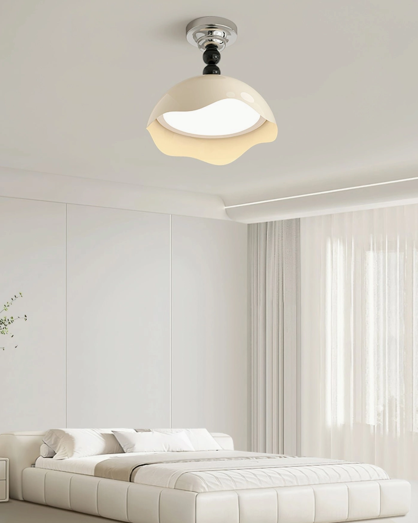 Henry cream ceiling lamp in bright bedroom with sheer curtains, demonstrating how warm light creates soft intimate atmosphere in modern bedroom decor