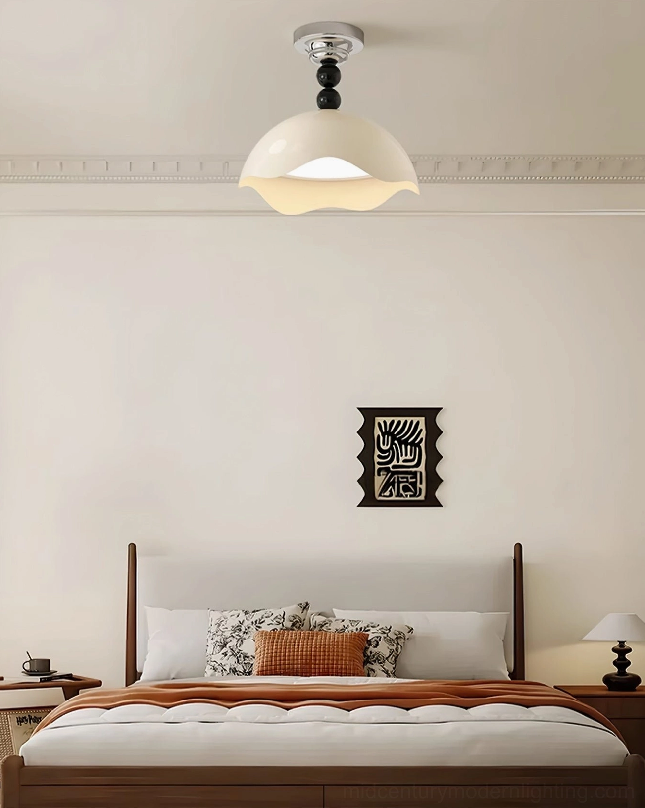 Henry wavy cream ceiling lamp in bedroom with dark wood bed frame, illustrating how the fixture complements warm modern home style and traditional wood tones