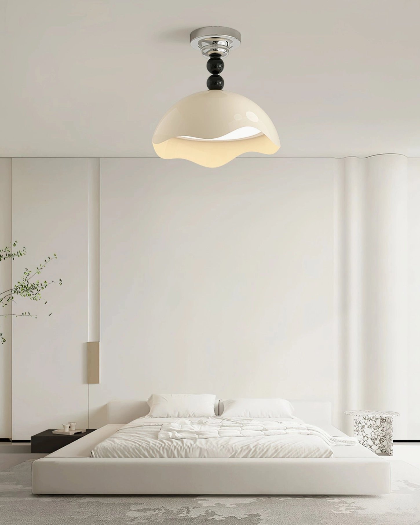 Henry wavy ceiling lamp in master bedroom with upholstered bed, showing coordination with neutral warm minimalist bedroom design aesthetic