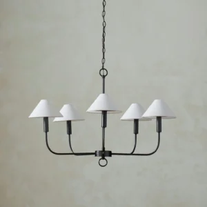 Henry five-arm black metal chandelier with fabric shades, low angle upward view against neutral wall backdrop