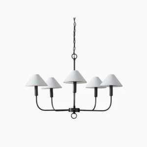 Henry five-arm brass chandelier with white conical fabric shades, frontal studio view showcasing mid-century modern design