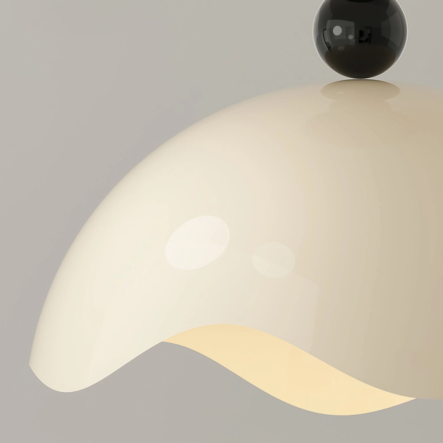 Henry ceiling lamp side profile highlighting single black spherical decorative element and smooth glossy cream acrylic shade surface