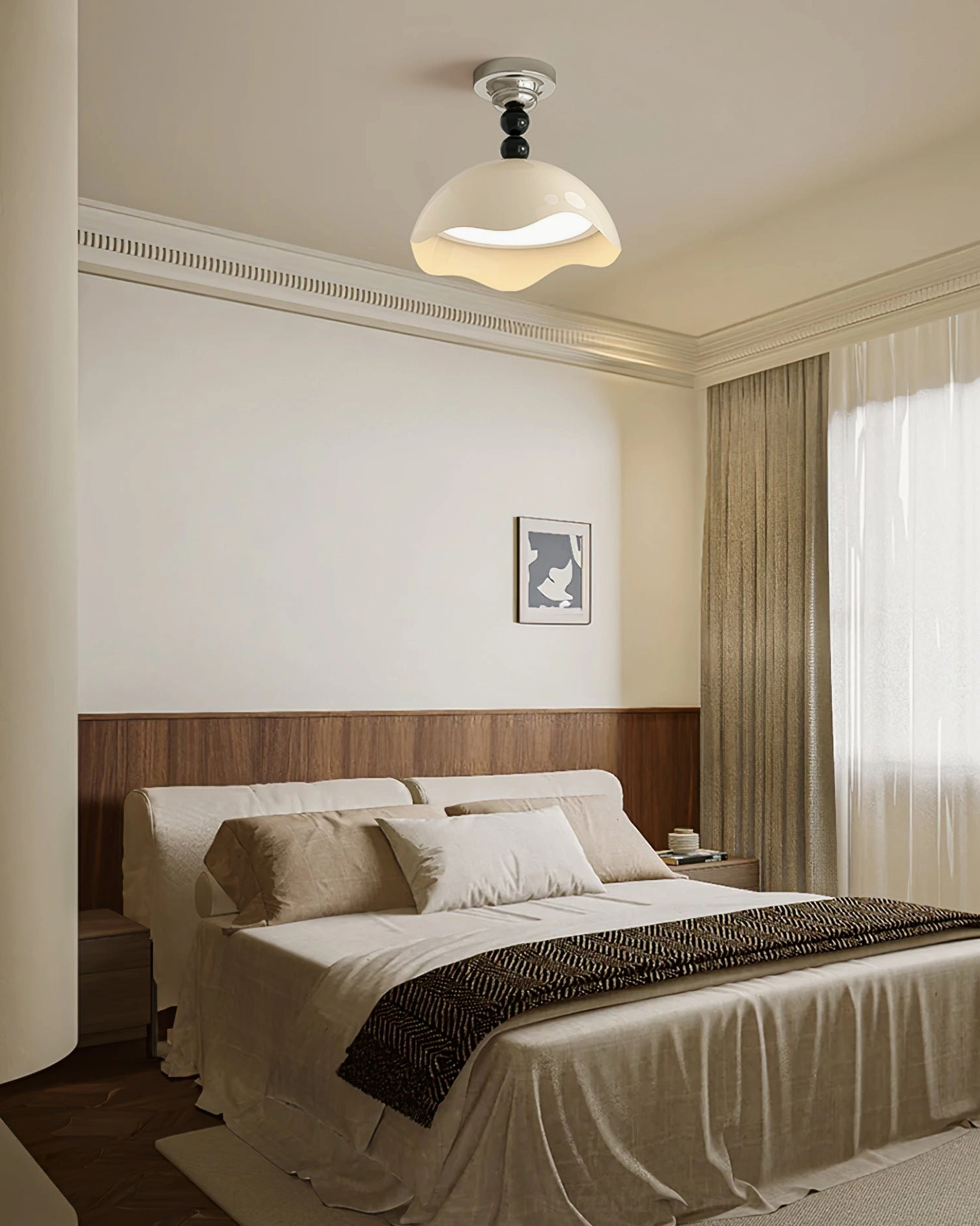 Henry modern cream and black ceiling lamp detail shot showing sculptural wavy shade design and integrated warm LED lighting quality