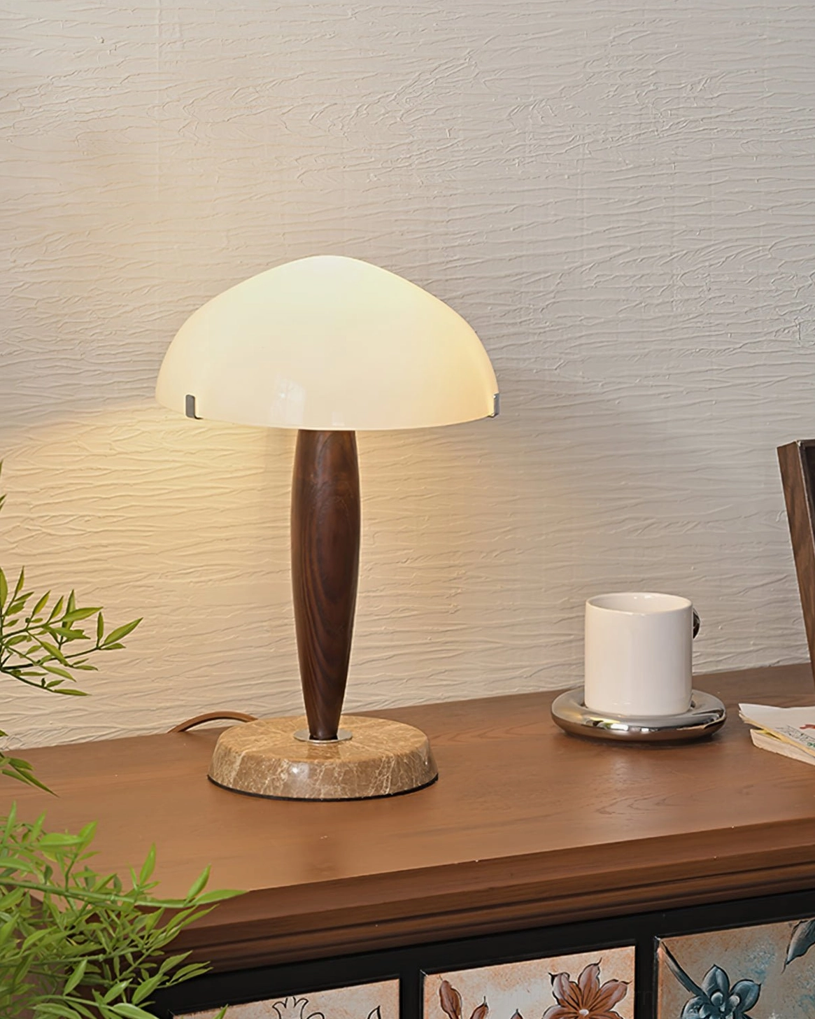 Herman mid-century table lamp on console table with coffee decor, warm rustic home interior styling