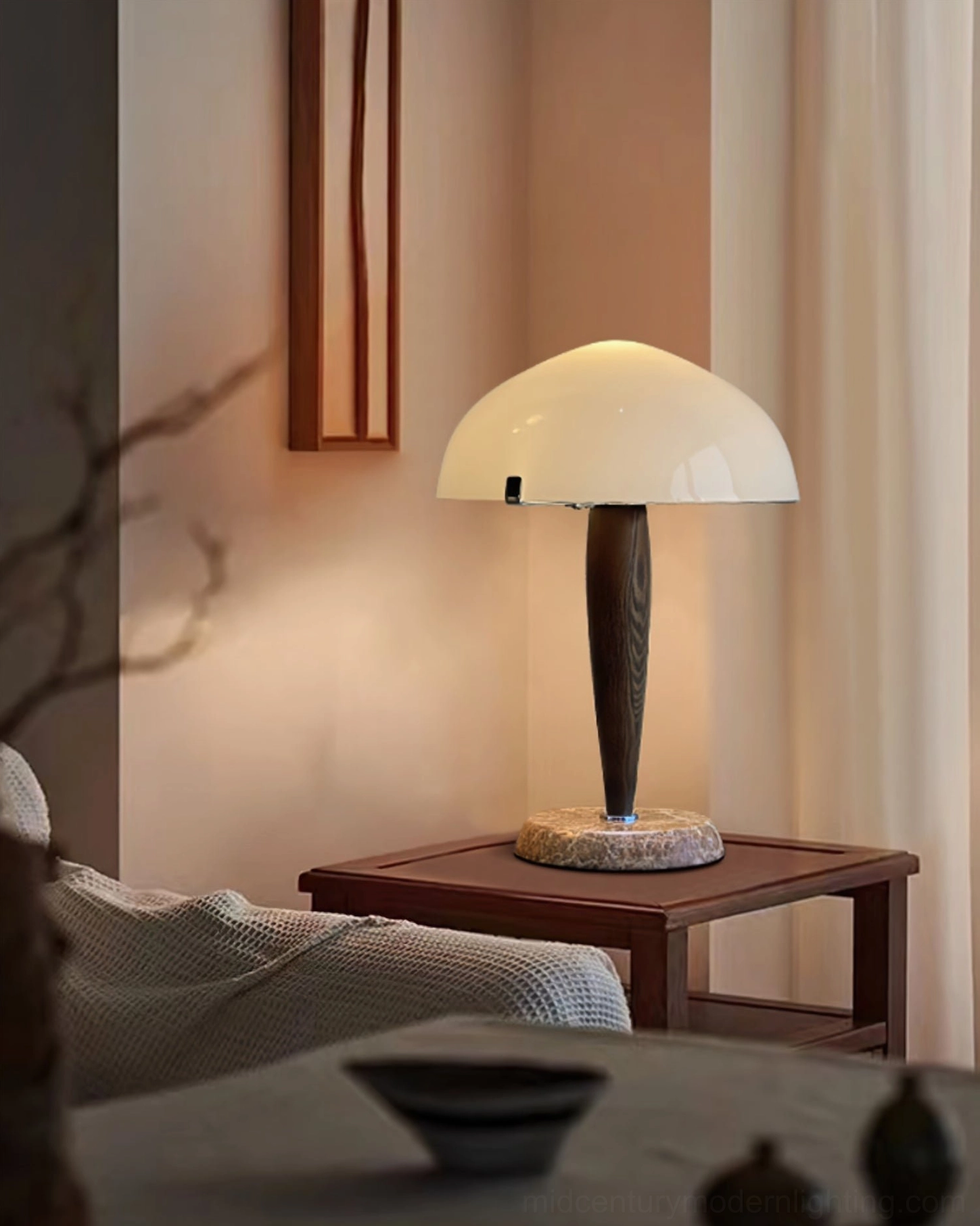 Herman mid-century marble table lamp full view, sculptural minimalist design with mushroom shade