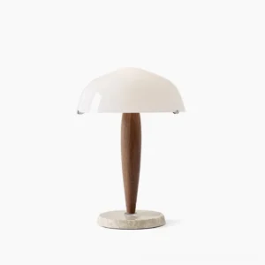 Herman mid-century modern marble table lamp with white mushroom shade and walnut wood pole, studio front view