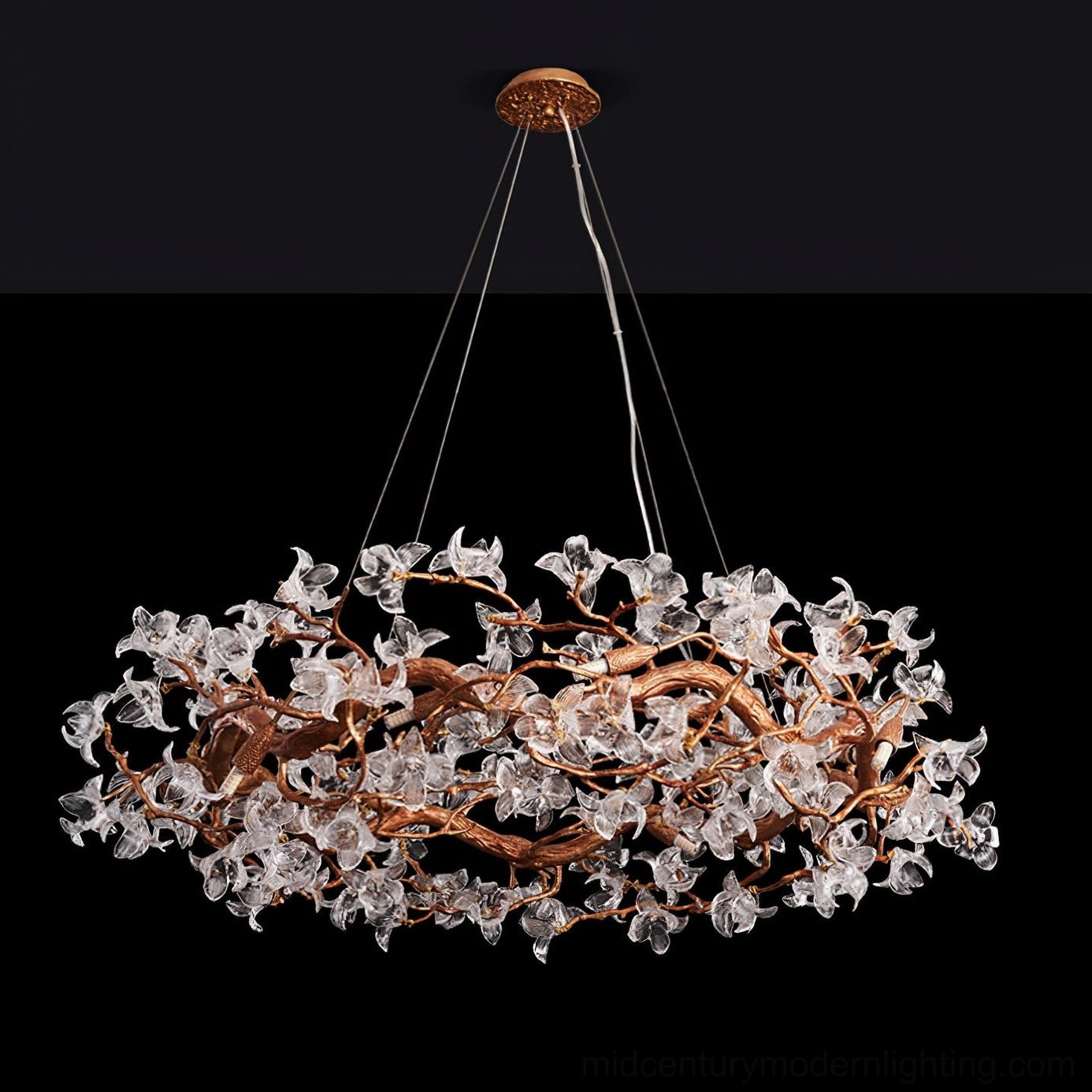 Bottom view of hibiscus crystal chandelier showing flower bloom configuration and bulb sockets