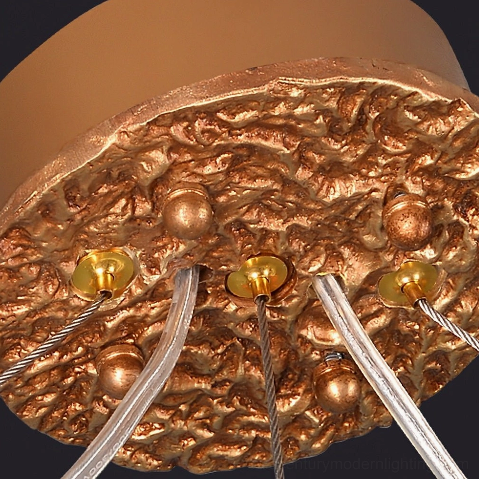 Hibiscus chandelier brass framework close-up showing metalwork craftsmanship and petal arrangement