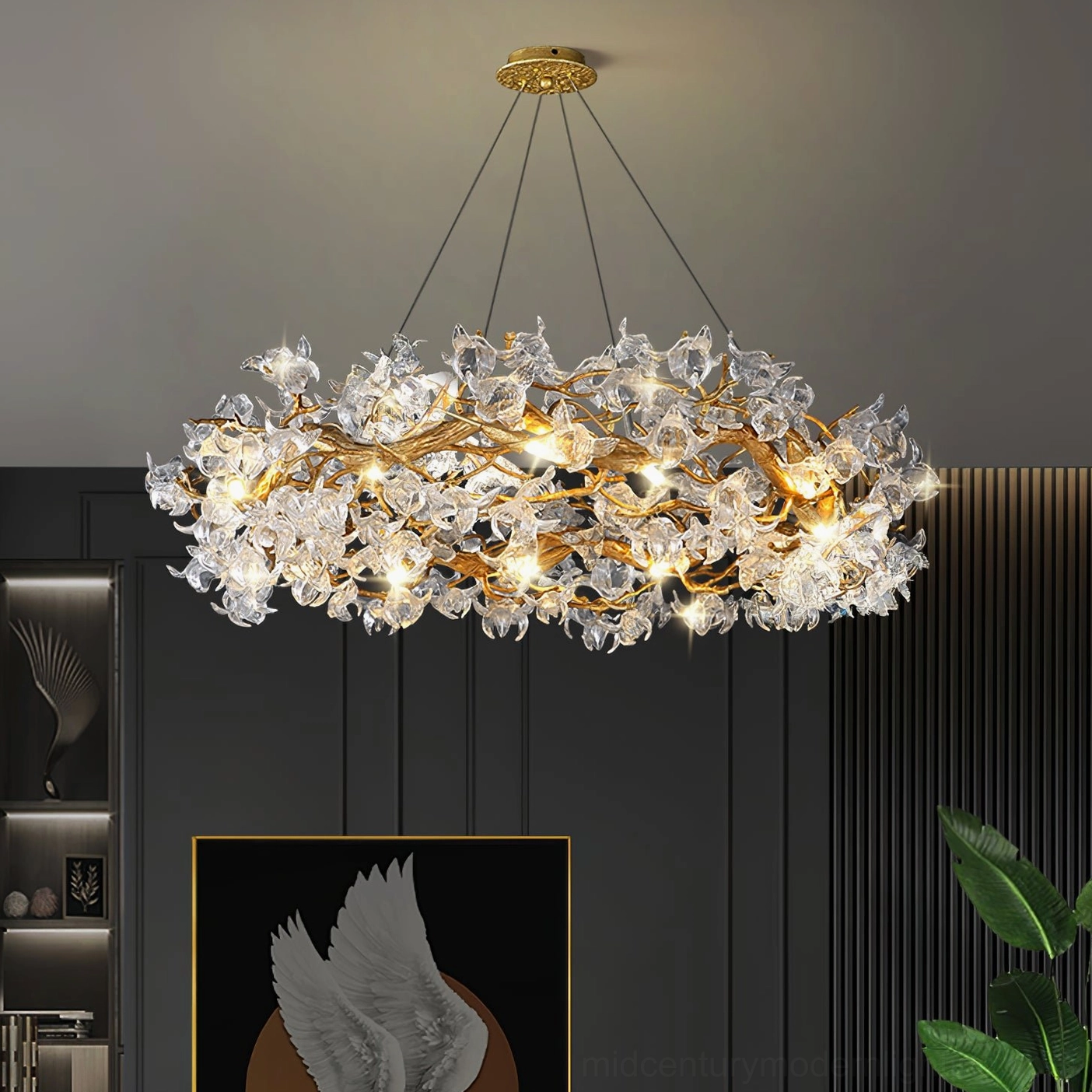 Fully illuminated crystal hibiscus chandelier detailed front view on dark background studio lighting