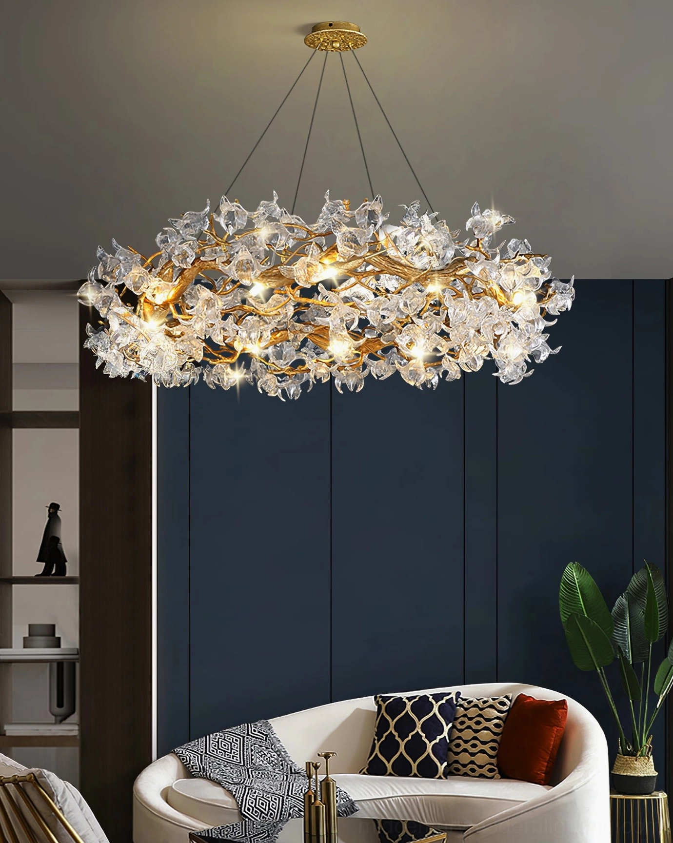 Hibiscus chandelier in contemporary kitchen with island pendant positioning and modern fixtures