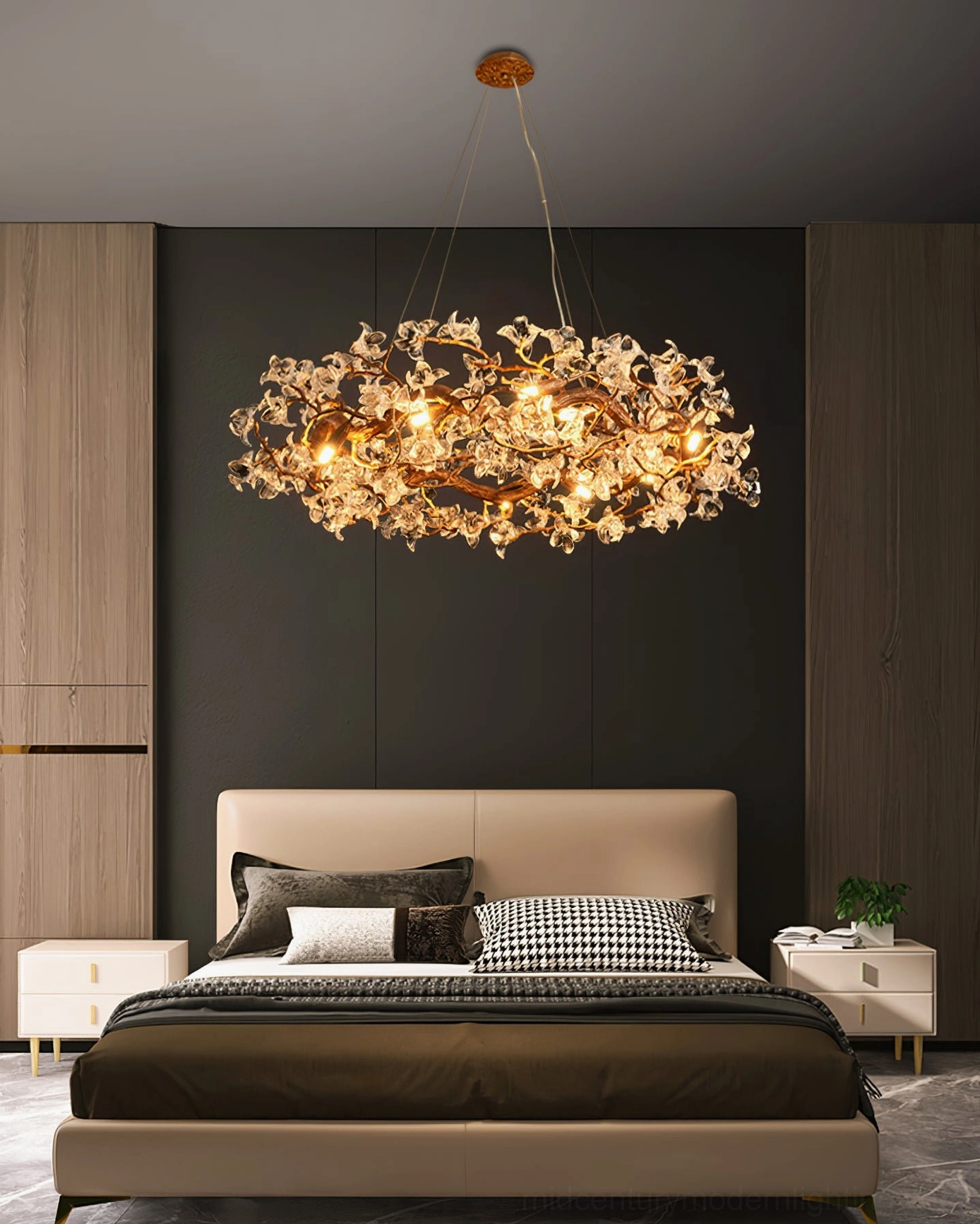 Close-up of hibiscus flower petals showing crystal clarity and precision faceting of chandelier