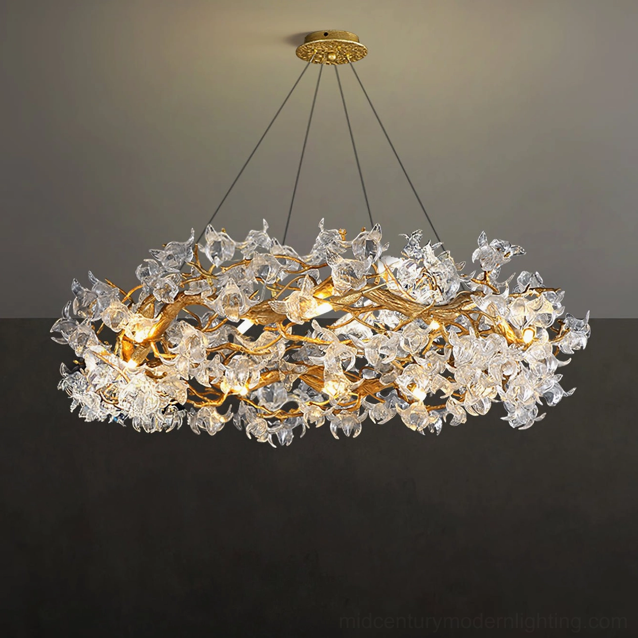 Hibiscus crystal chandelier as statement focal point above dining table in sophisticated dining room