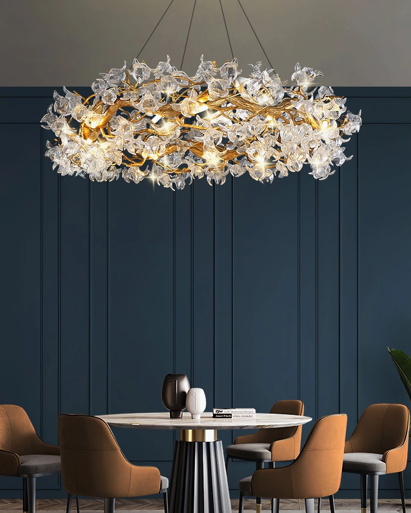 Luxury hibiscus crystal chandelier in eclectic interior with velvet upholstery and jewel tones
