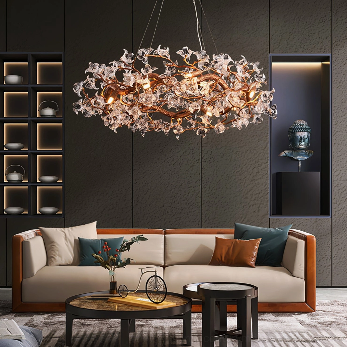 Multiple crystal flowers on hibiscus chandelier showing arrangement flexibility and light distribution