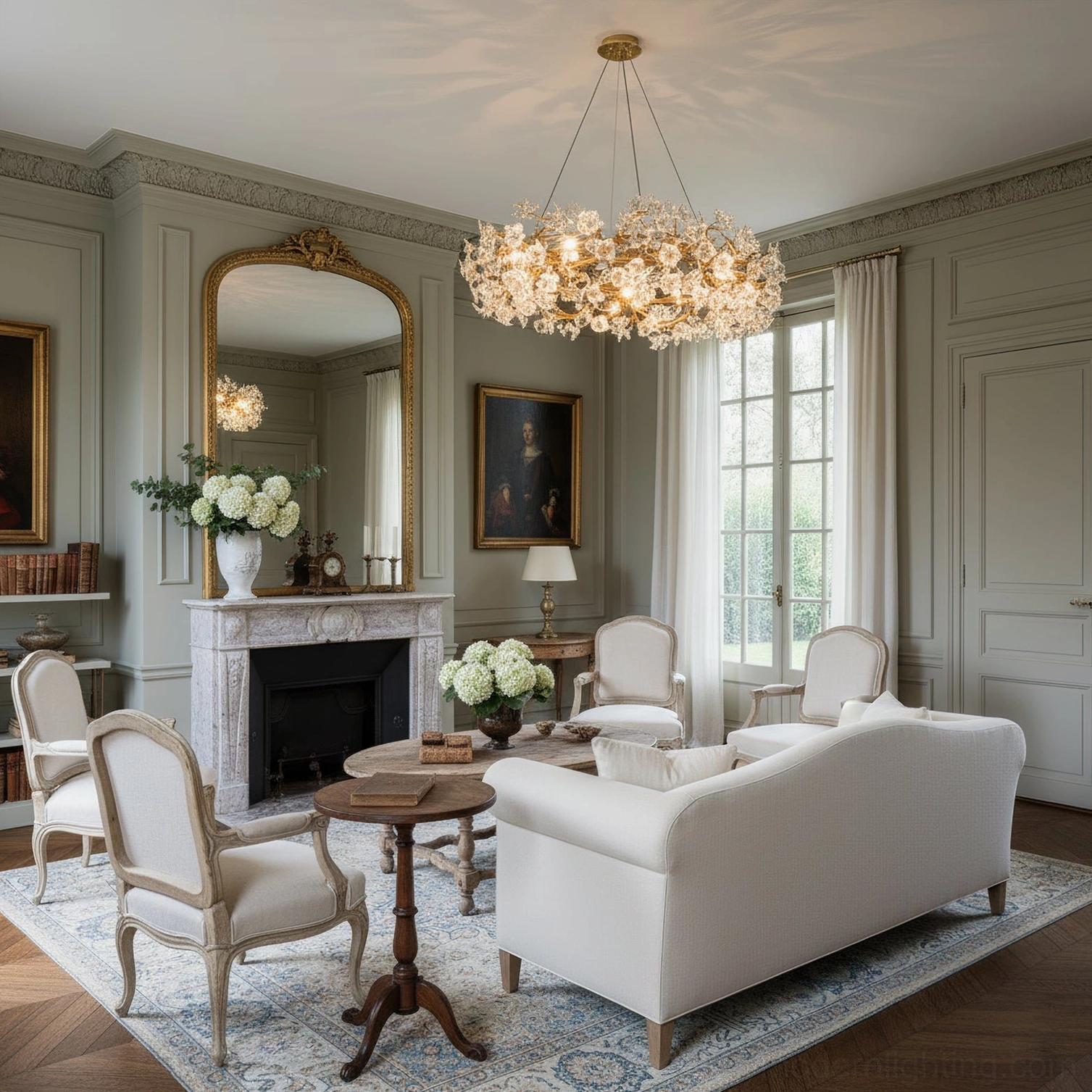 Vintage brass hibiscus flower chandelier glowing in formal French sitting room with fireplace and upholstered seating
