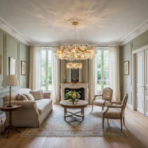 Mid-century modern hibiscus chandelier installed in classic French living room with fireplace and green wall panels