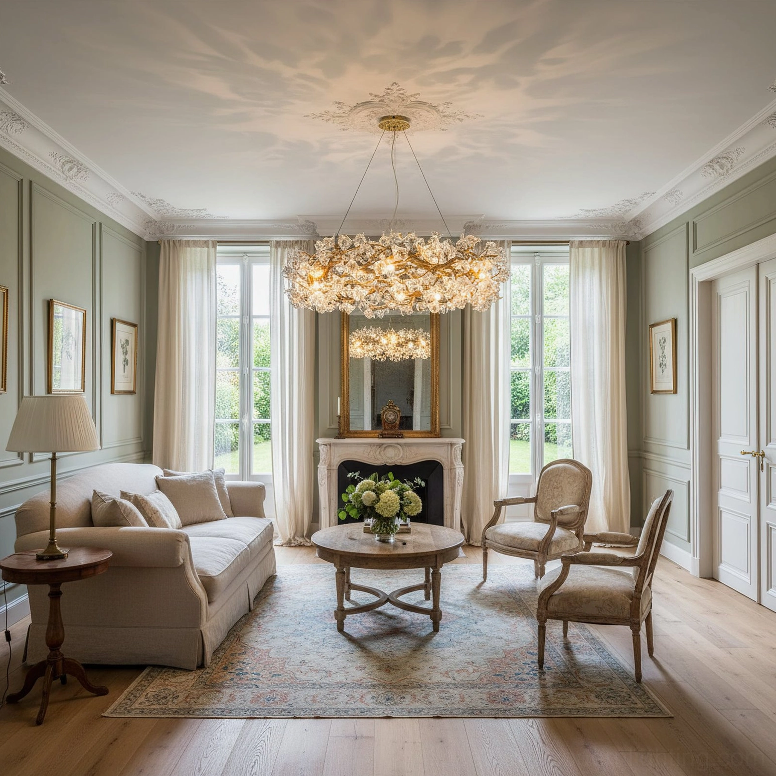 Mid-century modern hibiscus chandelier installed in classic French living room with fireplace and green wall panels