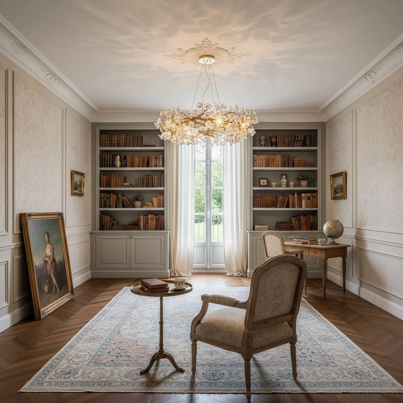 Botanical brass chandelier illuminating elegant library living room with leather furniture and bookshelves