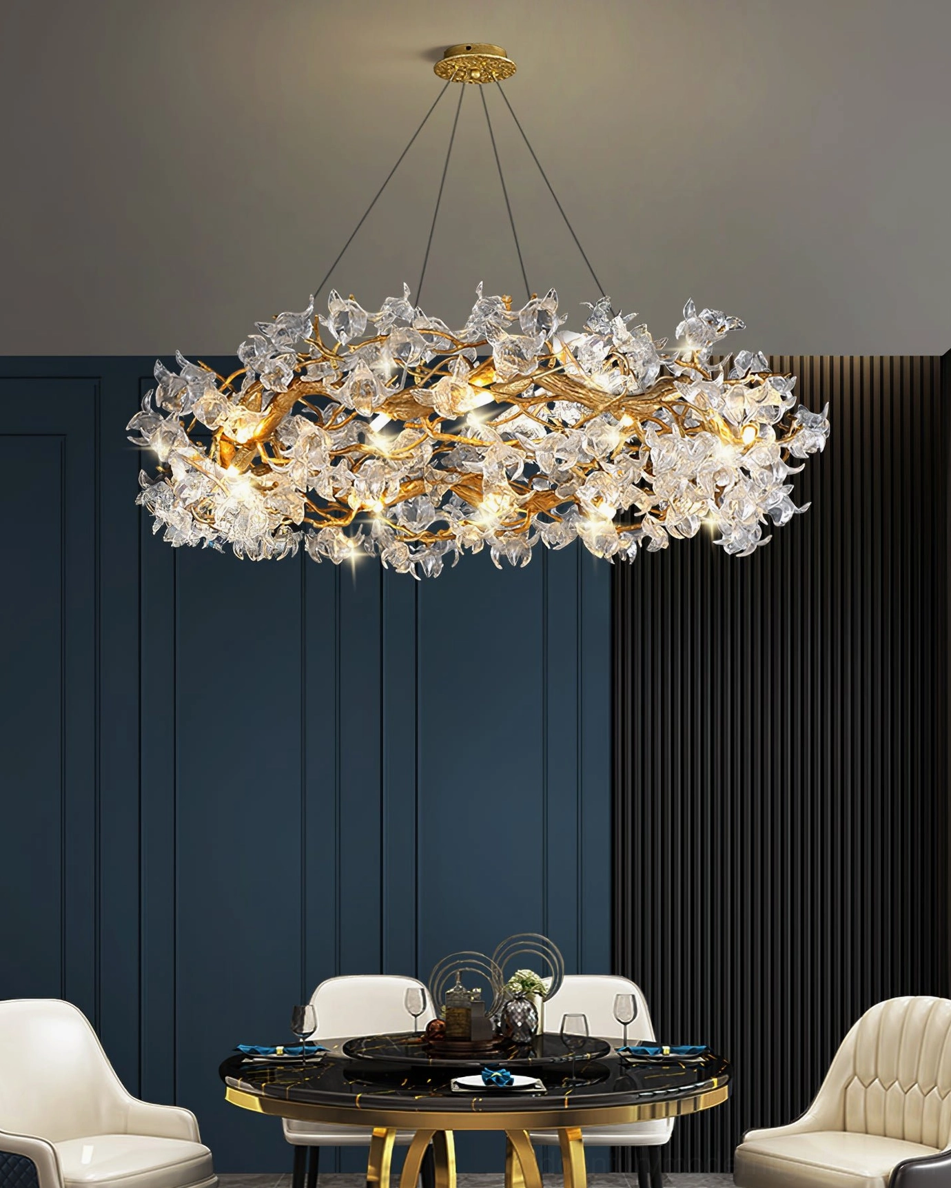 Hibiscus chandelier light beam patterns created by crystal flower petals on ceiling and walls
