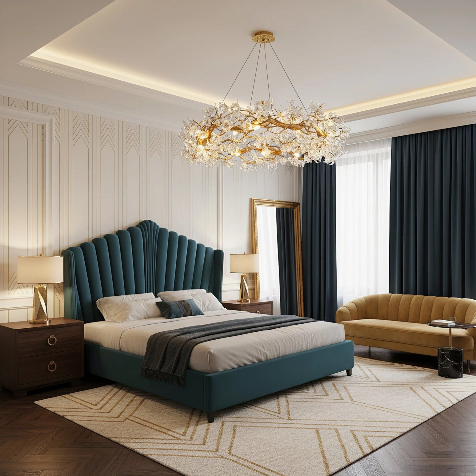 Luxury hibiscus chandelier illuminating master bedroom with tufted bed and neoclassical décor