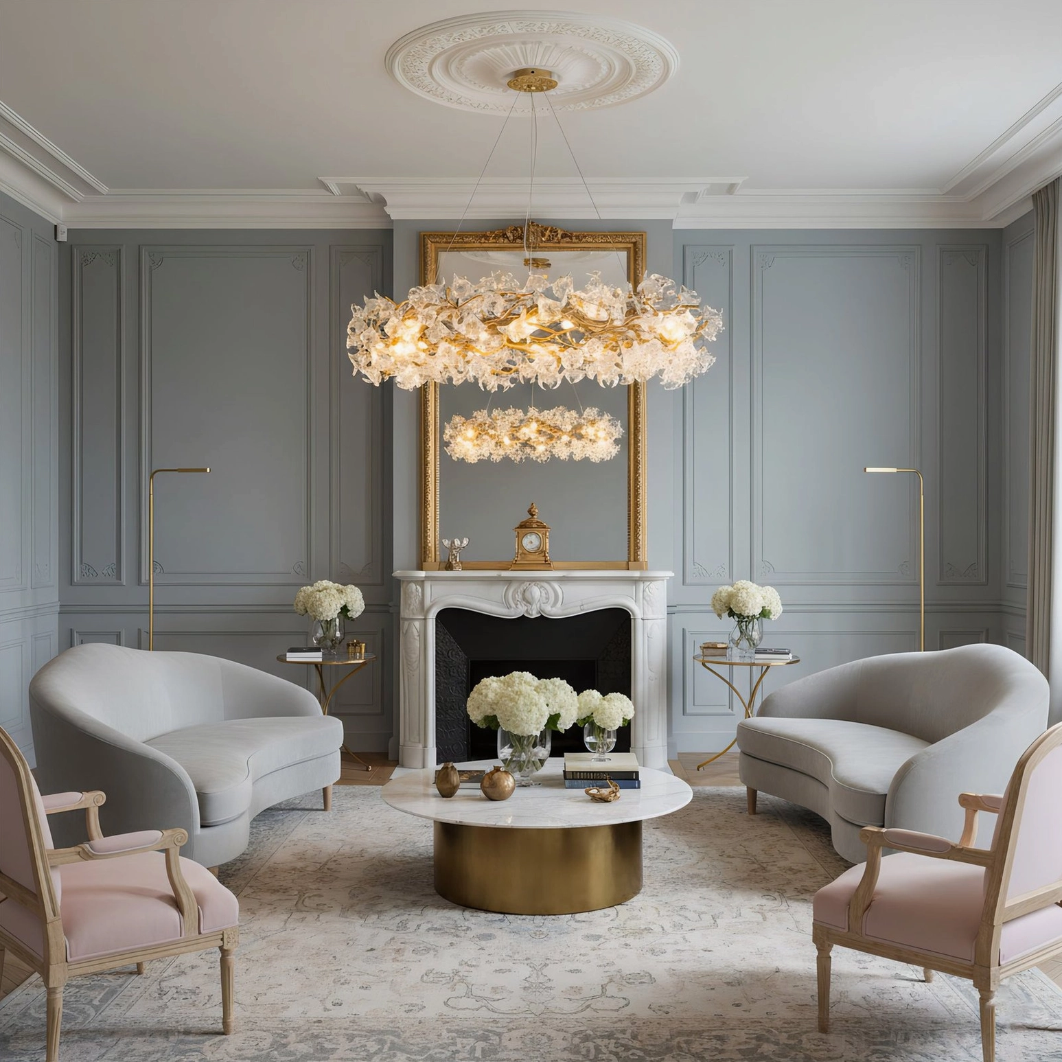 Modern hibiscus crystal chandelier in contemporary French living room with grey panels and velvet sofa