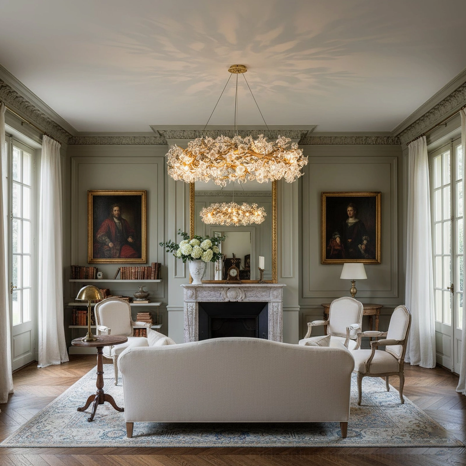 Hibiscus crystal chandelier reflected in gilded mirror in luxury French salon with fireplace