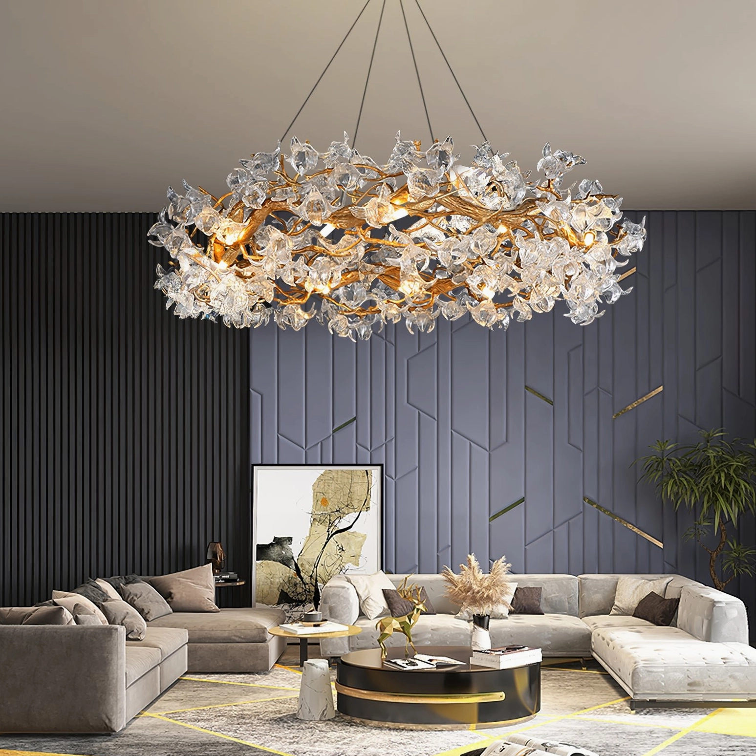Hibiscus brass chandelier in transitional interior with neutral tones and classic furnishings