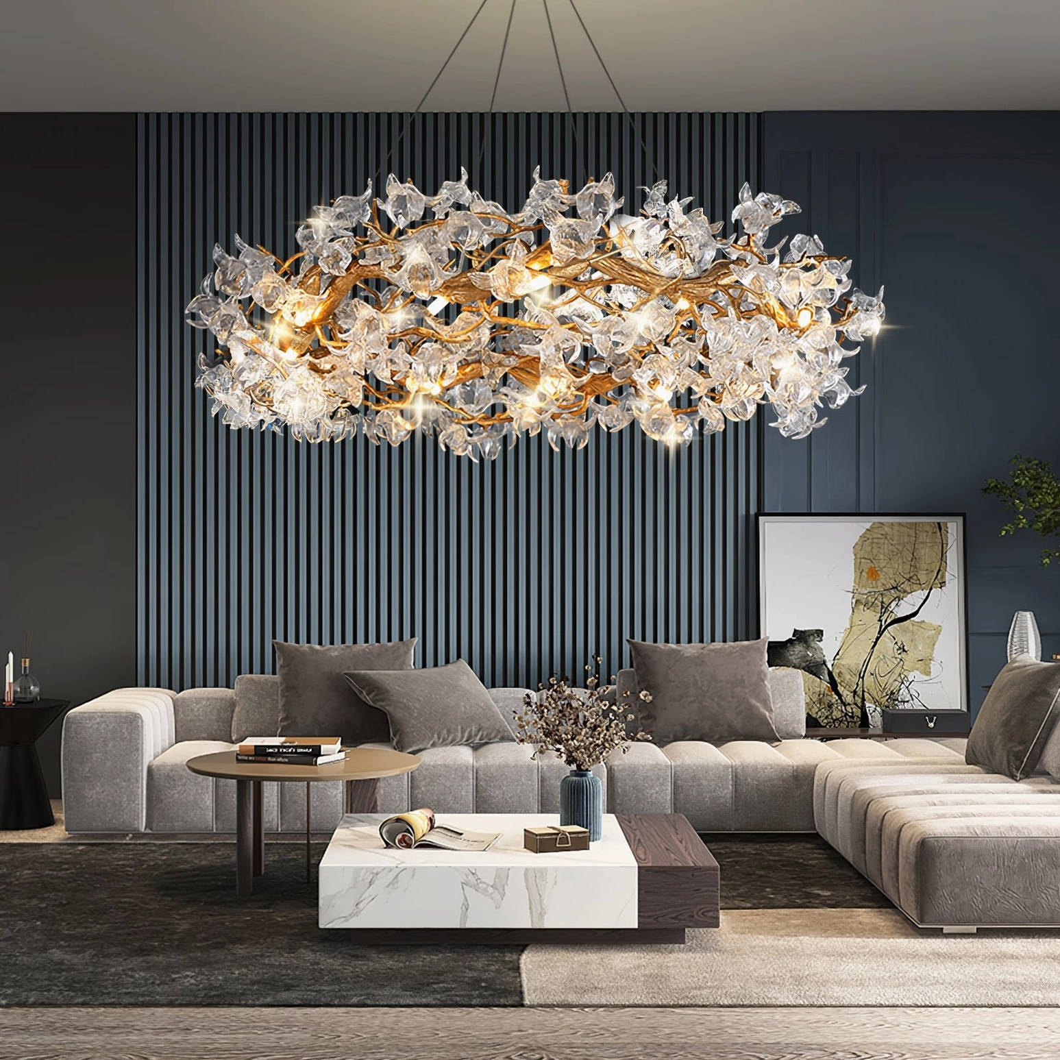 Hibiscus crystal flower chandelier accent lighting showing glass flower refraction and warmth