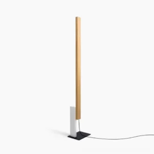 High Line mid-century modern floor lamp with natural wood column and black base, frontal view against white studio background