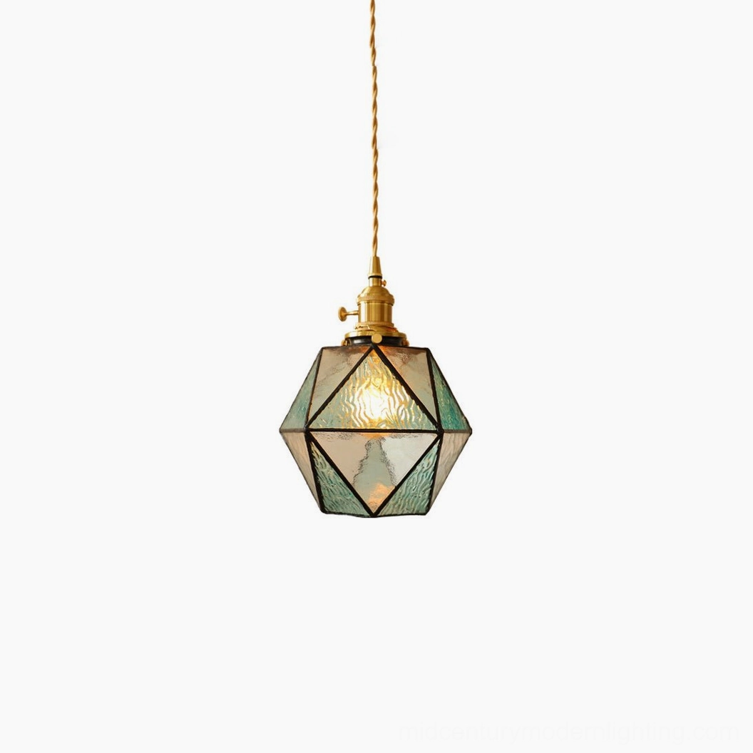Hiro geometric pendant lamp product lifestyle photo, mid-century modern ambiance with warm brass and glass