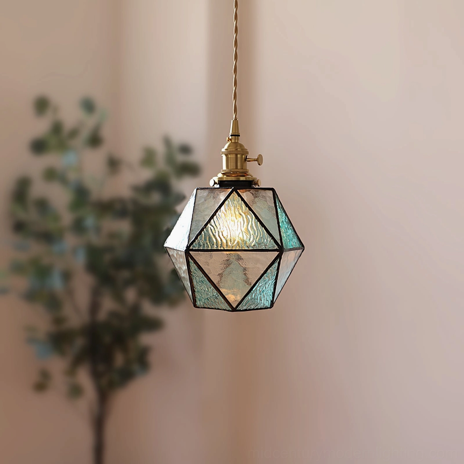 Hiro handcrafted geometric pendant lamp alternative color view, mid-century modern brass and glass construction detail