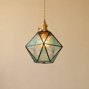 Hiro mint green rippled glass pendant lamp with brass hardware, overhead angle view highlighting faceted glass pattern and hanging wire