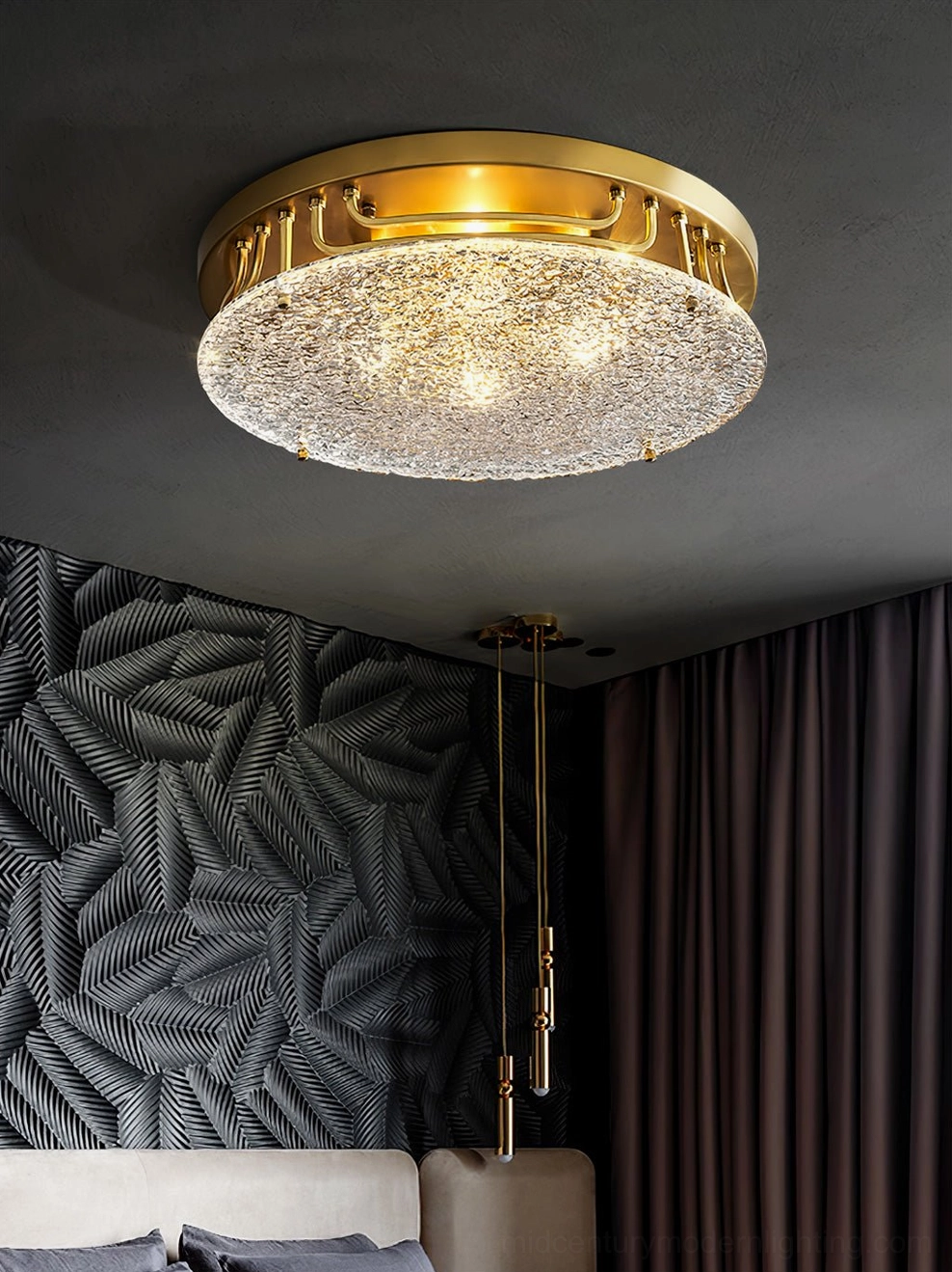 Holland brass ripple glass ceiling light mid-century modern flush mount fixture detail