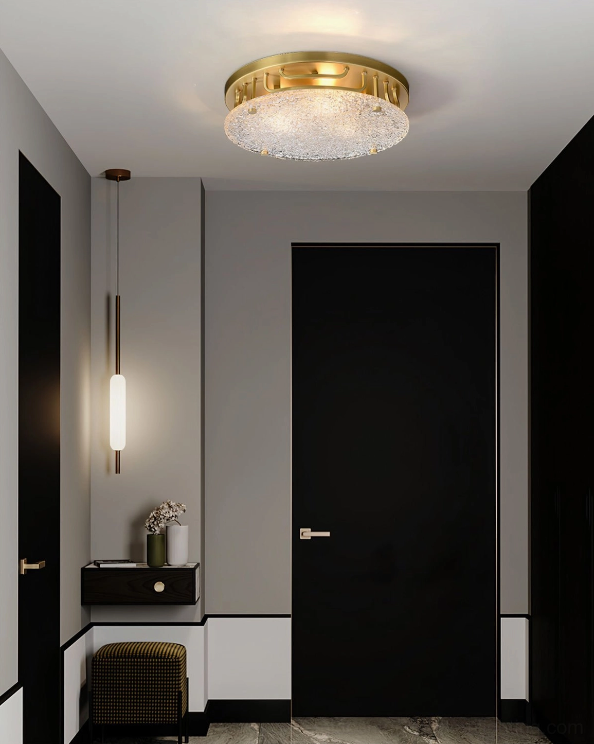 Holland brass ceiling fixture minimalist luxury hallway entryway black doors modern