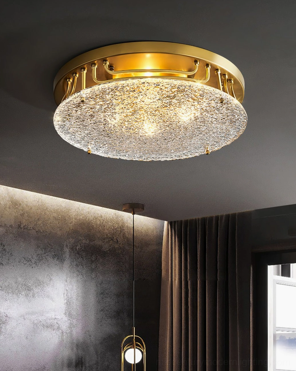 Holland mid-century flush mount light brass metal frame ripple glass illuminated