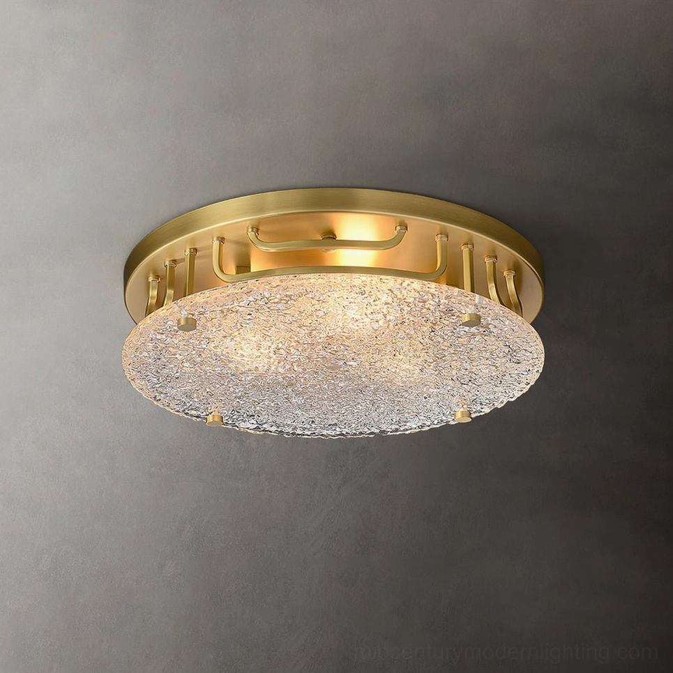 Holland mid-century modern ceiling lamp gold brass frame textured clear glass detail top view