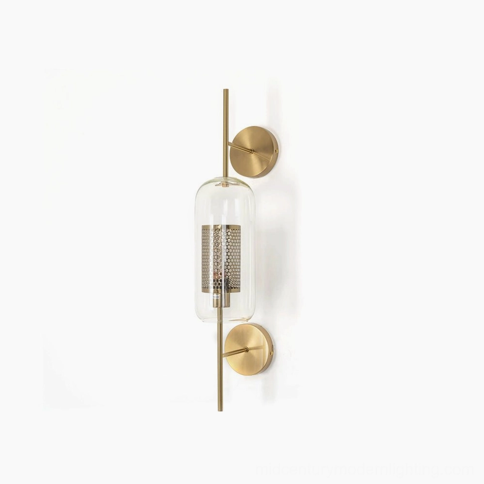 Honeycomb glass wall sconce with brass finish, modern minimalist design studio shot