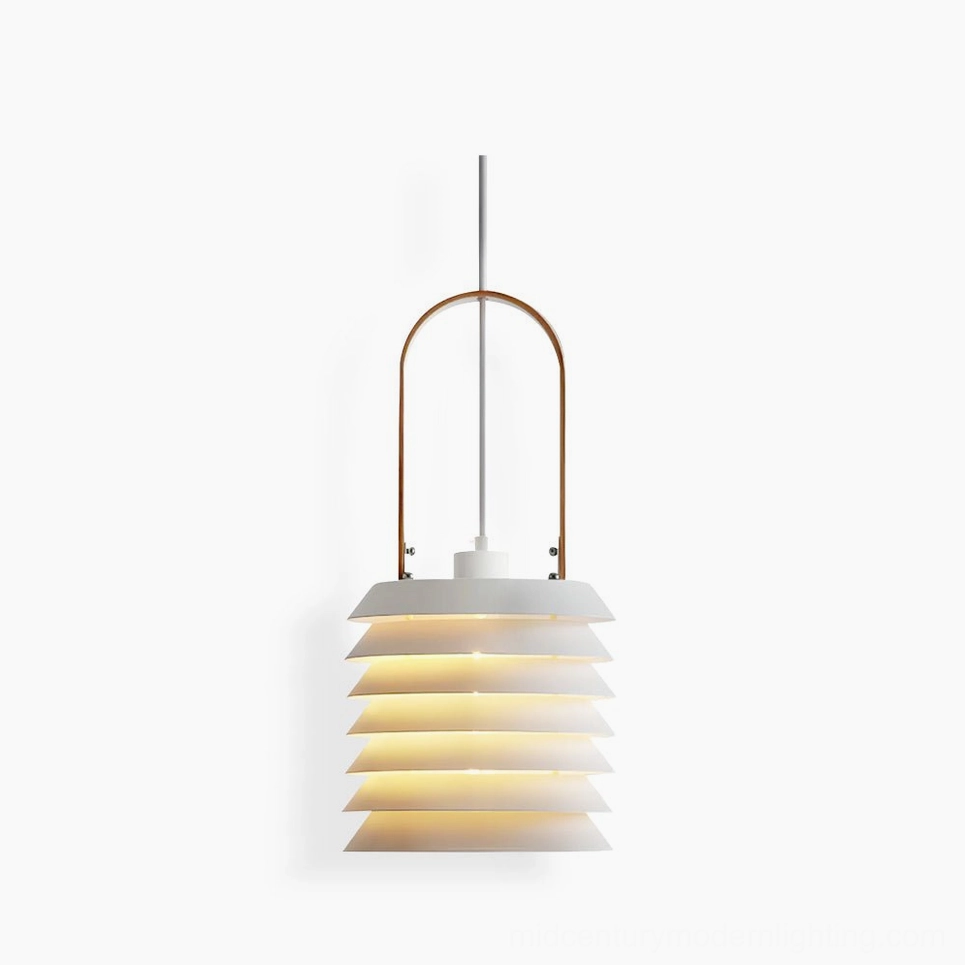 Honeycomb lantern pendant lamp with stacked metal discs and wooden top detail on white background, Nordic minimalist design