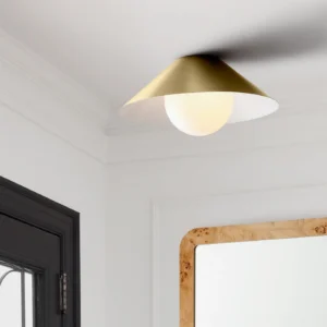 Brushed gold Hood Coolie ceiling light in modern residential entryway with warm lighting